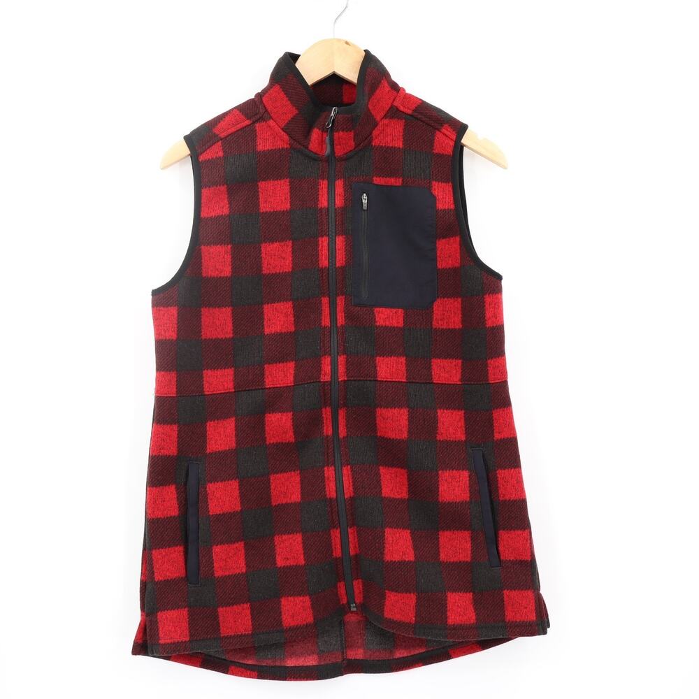 LL Bean Sz M Fleece Vest Red Black Buffalo Plaid Full Zip Cabin Lumberjack